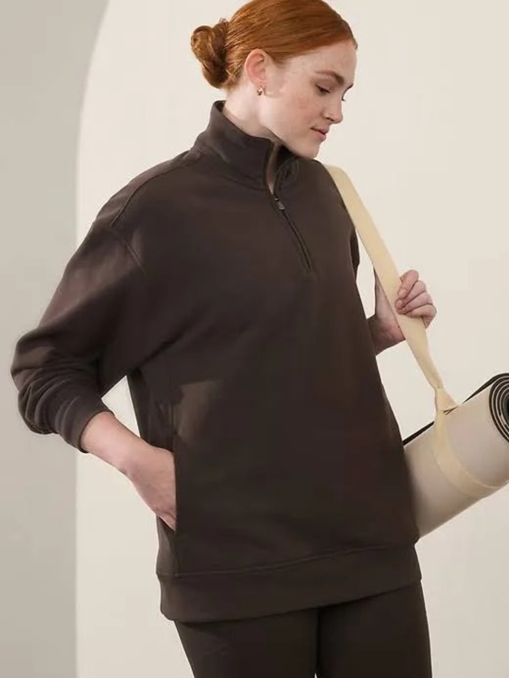 Athleta Women's V-Neck Pullover Half-Zip Sweater in Dark Brown
